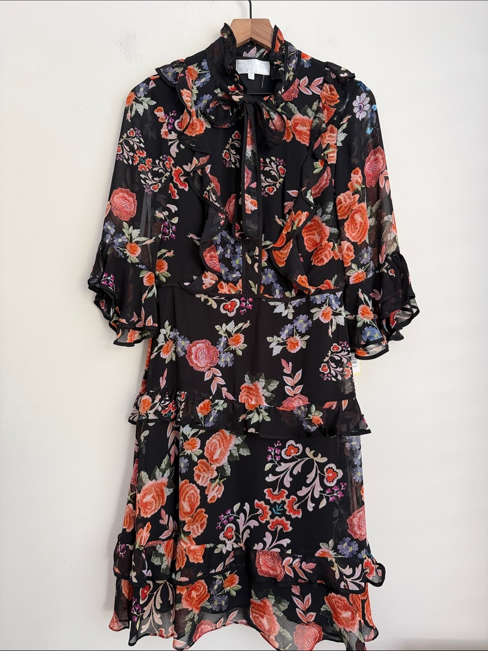 Mikael Aghal neck Bow Ruffle Floral Chiffon Dress black multicolor 6 NWT